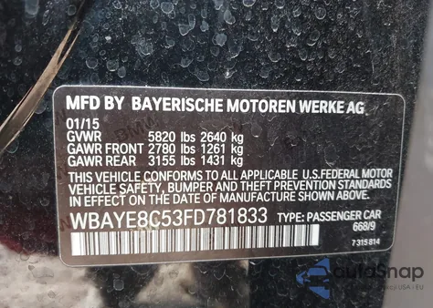 2015 BMW 750Li z USA, uszkodzony, nr VIN WBAYE8C53FD781833